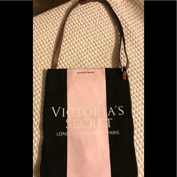 Victoria’s Secret Canvas Leather Color Block Tote Bag Shopper Pink Black Logo - Picture 1 of 3